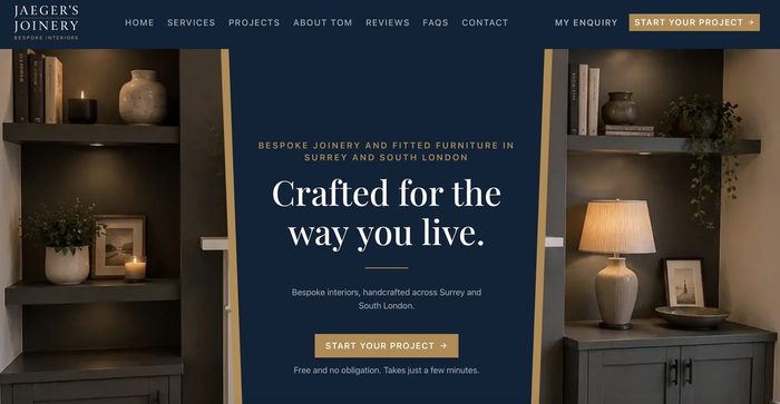 The Jaeger's Joinery homepage, showing fitted shelving in a dark green alcove